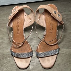 Pedro Garcia Women's Beige and Glitter Sandals Heels resort vacation party event